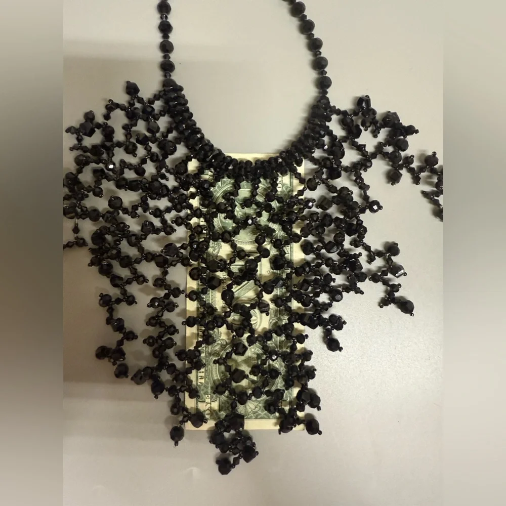 Black crystals Beaded Fringe Statement Necklace - Picture 11 of 11
